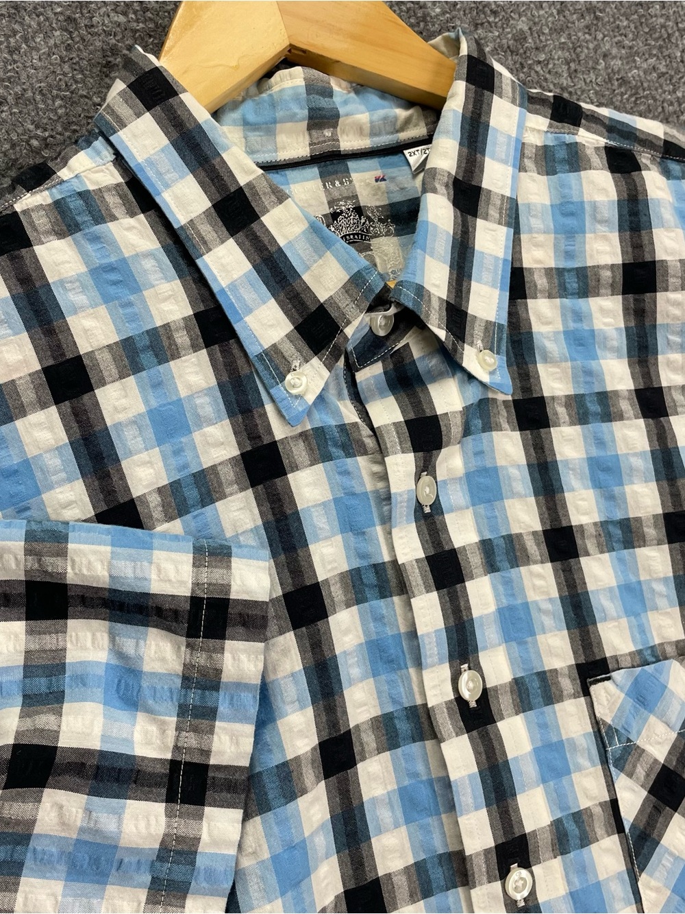 Cutter & Buck Mens Plaid Seersucker Short Sleeve Button Down Shirt 2XLT Blue